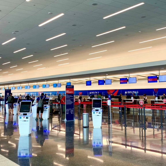 Passengers at check in on opening day Sept 15 2020