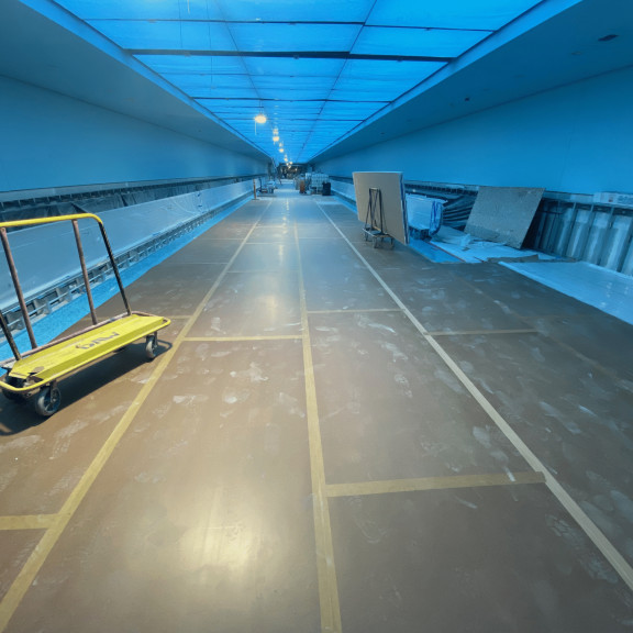Tunnel protection board installed over terrazzo Tunnel installing dryway ceiling 1 October 2023